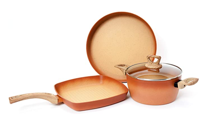 NEWARE Terracotta 4 piece Cooking Set - 12 inch Non Stick Baking Pan, 11 inch X 11 inch Square Grill Pan, & 11 inch Casserole Stock Pot