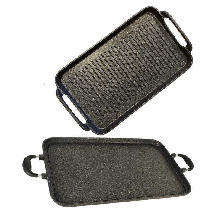 Neware 2-Piece Nonstick Marble Griddle Set – 4190 Smooth & Ribbed Double-Burner Griddles + Free Silicone Handle Covers / Set de 2 Comales Antiadherentes de Mármol – Liso 4190 y con Ranuras para Doble Quemador + Agarraderas de Silicona Gratis